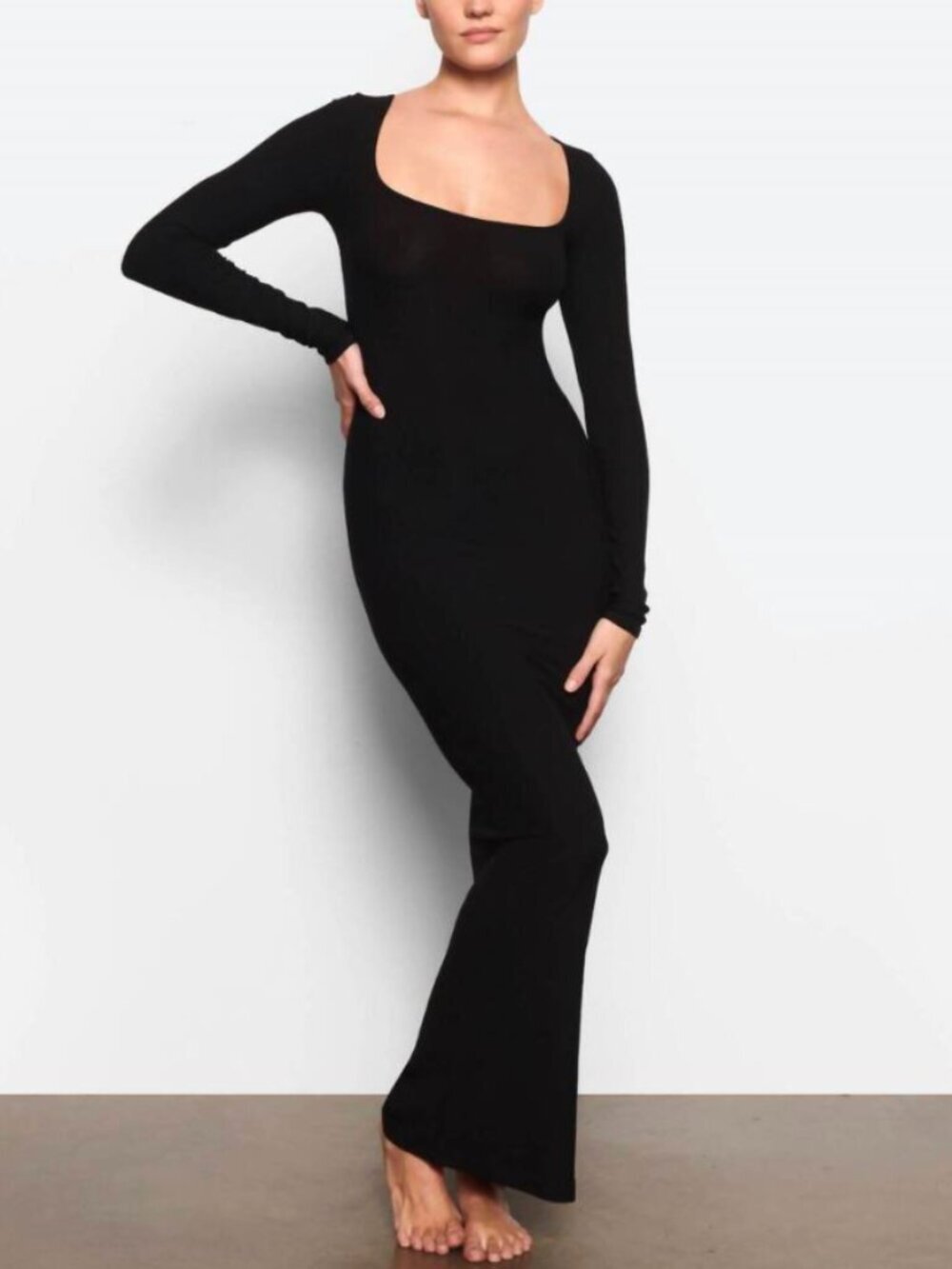 NWT SKIMS Body Long Sleeve Slip Dress Black Oynx Size M